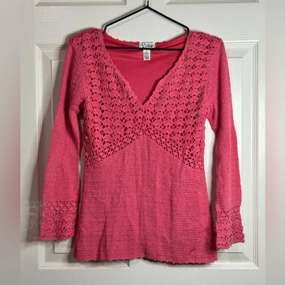 Lilly Pulitzer Lined V-Neck Boho Top Crochet Sweater S